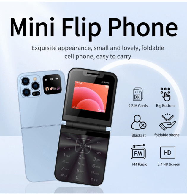 i15 Pro Mini 2G GSM 2.4 Inch Dual SIM Card FM Big Buttons Speed LED Flashlight Foldable Flip Mobile Phone Image 4