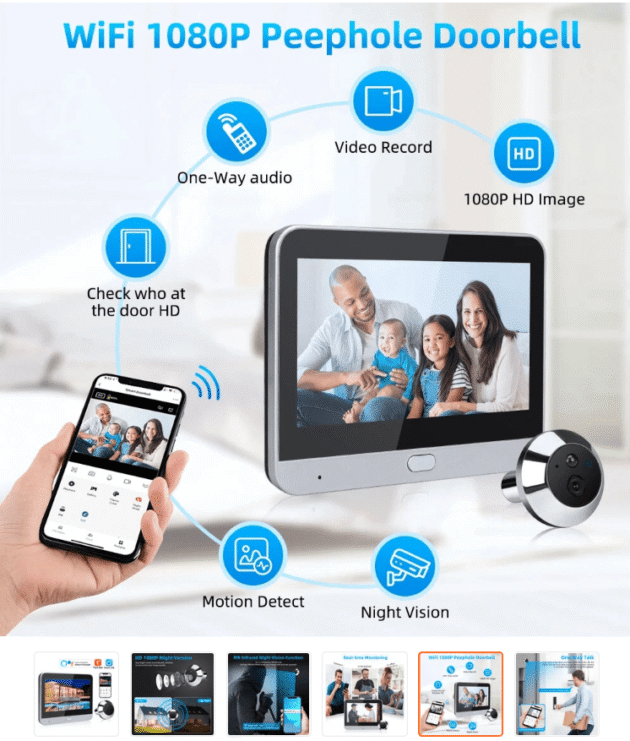 Smart Home Tuya 120° Wide Angle Door Peephole Camera 1080P Wireless One Way Intercom Video Eye Motion Detection Wifi Doorbell Camera 5000mAh Battery Work with Alexa&Google - Image 2