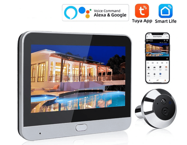 Smart Home Tuya 120° Wide Angle Door Peephole Camera 1080P Wireless One Way Intercom Video Eye Motion Detection Wifi Doorbell Camera 5000mAh Battery Work with Alexa&Google