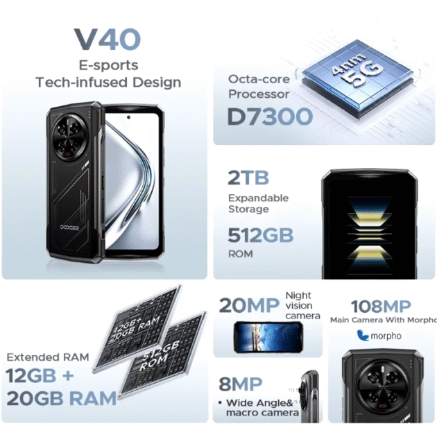 DOOGEE V40 5G 32GB 512GB 108MP Quad Camera Night Vision Dimensity 7300 6.78 inch 120Hz 8680mAh 33W Fast Charge WiFi 6 NFC IP68 IP69K Waterproof Octa Core Rugged Smartphone - Image 2