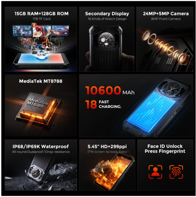 FOSSiBOT F101 Pro Dual Display 15GB 128GB 10600mAh 24MP Camera 5.45 inch Fast Charging Android 13 MT8788 Octa Core NFC IP68 IP69K Waterproof 4G Rugged Smartphone - Image 2