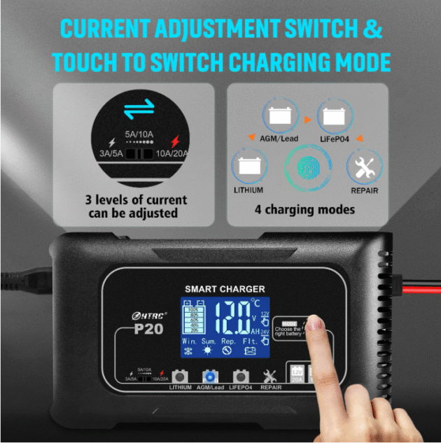 HTRC 15A/20A Smart Battery Charger - Automatic Pulse Repair Charge for Lead-Acid Lithium LiFePO4 Battery Car Motorcycle Charger - Image 4